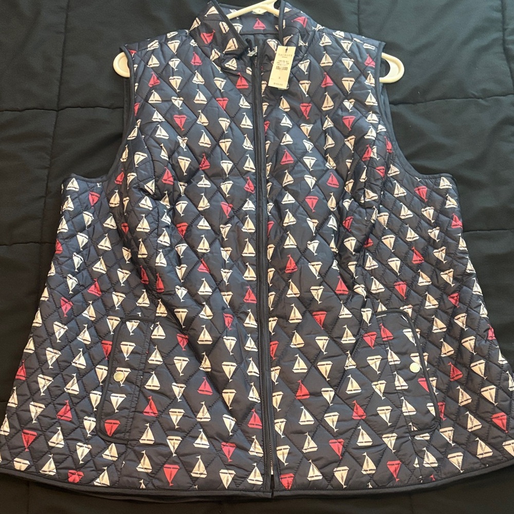 Talbots Navy Quilted Vest with Red & White Sailboat Print NWT X